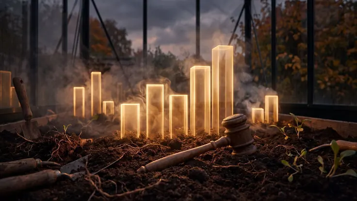 Advertising Agency – PPC Management Services – Caleb Schallert Advertising agency — glowing gold bar-graph shapes rising out of tilled garden soil at dusk, an old auction gavel resting in the dirt beside them — Caleb Schallert.