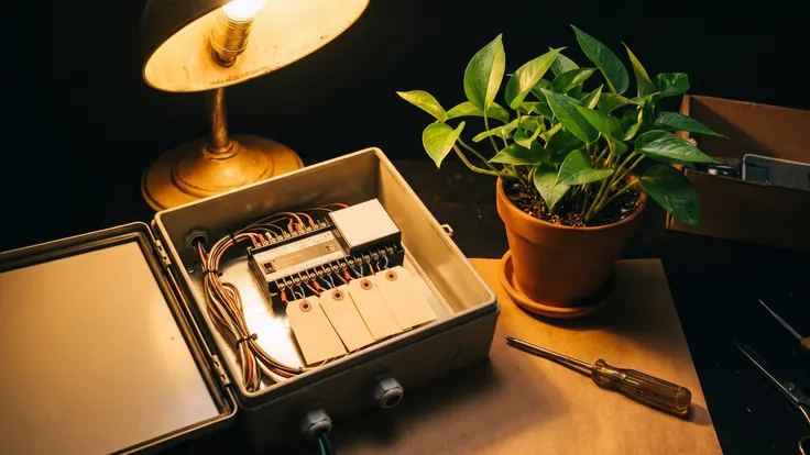 AI agent development services — a custom-built irrigation controller in an open enclosure on a workbench beside the plant it waters — Caleb Schallert.