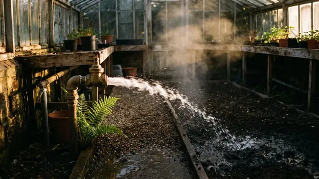AI agent development services — a brass valve stuck wide open running water unchecked across a gravel path — Caleb Schallert.