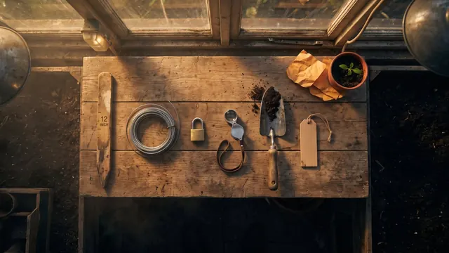 AI agent development services — six garden tools laid in a precise row on a bench, each representing one build component — Caleb Schallert.