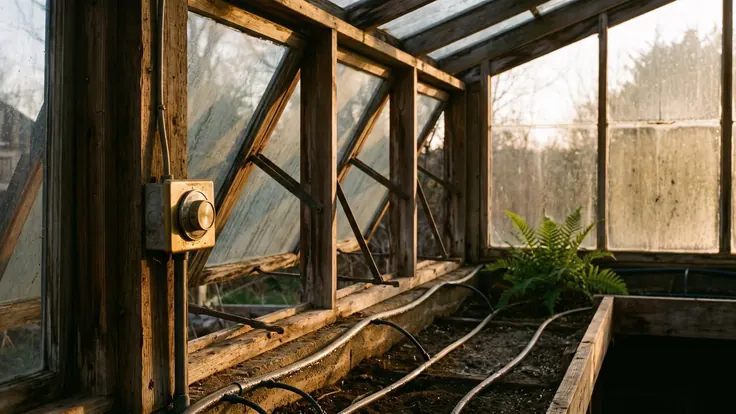 AI Automation Services – Workflow Automation Services – Caleb Schallert AI automation services — a greenhouse's vent arms opening on their own beside a brass thermostat dial, drip lines running along the beds — Caleb Schallert.