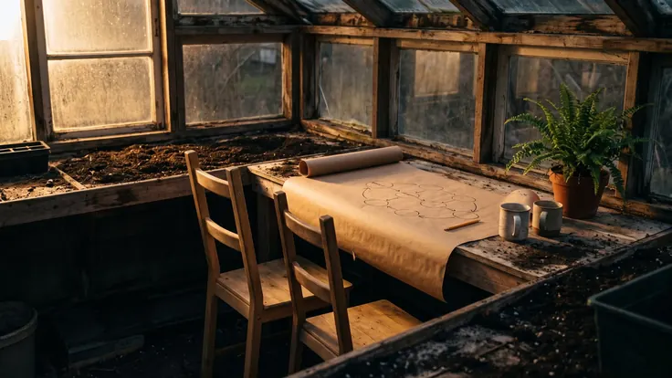 AI Consulting Services – AI Consultant – Caleb Schallert AI consulting services — two chairs at a greenhouse table with a hand-drawn process map on butcher paper, a pencil and two mugs — Caleb Schallert.
