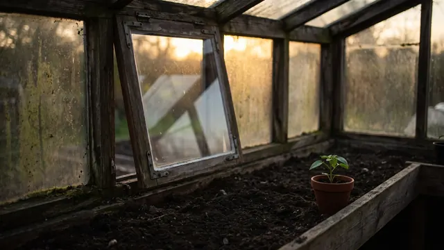 AI development services — a new glass pane being fitted into an existing weathered greenhouse frame — Caleb Schallert.
