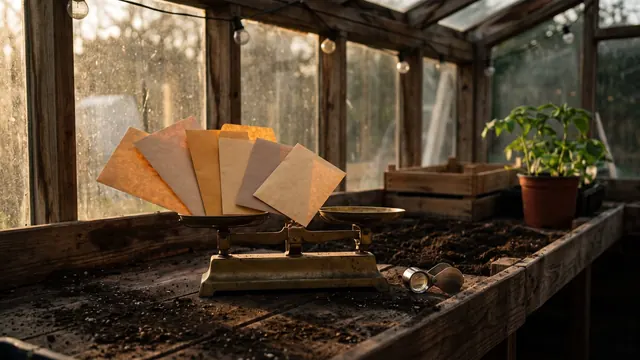 AI development services — six blank seed packets fanned beside a brass balance scale at rest — Caleb Schallert.