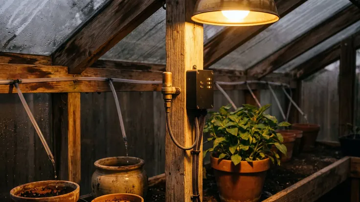 AI Integration Services – AI Implementation – Caleb Schallert AI integration services — a new brass sensor and a small controller fitted neatly onto an old timber greenhouse post, old and new working together — Caleb Schallert.