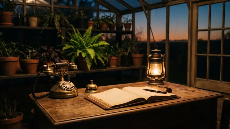 AI Receptionist – AI Phone Answering – Caleb Schallert AI receptionist — a greenhouse entrance desk with a brass telephone, a bell, an open leather message book and a fountain pen under a lantern — Caleb Schallert.
