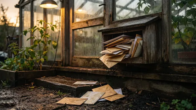 AI Receptionist – The Problem This Solves – Caleb Schallert AI receptionist — a jammed mail slot with unopened envelopes scattered on a wet step at dusk — Caleb Schallert.