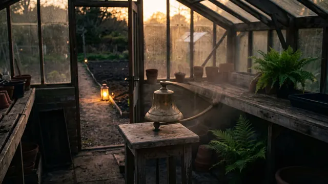 AI Receptionist – What An AI Receptionist Actually Does When Your Phone Rings – Caleb Schallert AI receptionist — a brass desk bell mid-ring inside a greenhouse doorway with a lit path beyond — Caleb Schallert.
