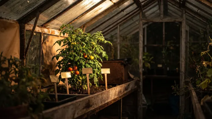 AI SEO Services – AI Search Optimization – Caleb Schallert AI SEO services — a single tomato plant on a bench singled out by a beam of light, three blank brass name plates staked around it — Caleb Schallert.