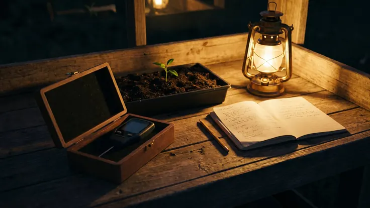App development services — a compact handheld soil-moisture reader in an open wooden case on a potting bench beside a seedling tray — Caleb Schallert.