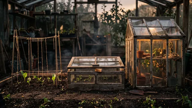 App development services — three garden structures of increasing permanence standing side by side: staked string, a cold frame, and a small greenhouse — Caleb Schallert.
