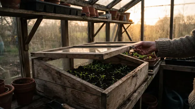 App development services — a cold frame with its hinged lid open and a hand testing the latch — Caleb Schallert.