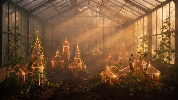Auguryn — a small city of gold light rising out of a warm greenhouse garden, its towers grown from tilled soil and climbing vines — Caleb Schallert.