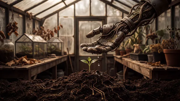 Automation company — a weathered mechanical hand watering a small seedling, glowing gold circuit lines running underground like roots — Caleb Schallert.