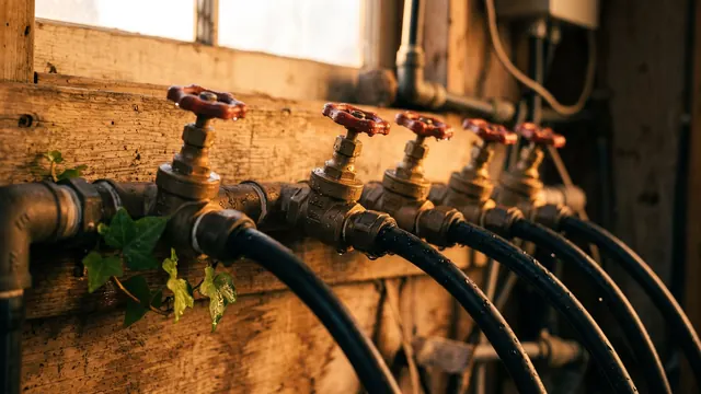 Automation company — six brass valves in a manifold, each feeding its own line — Caleb Schallert.