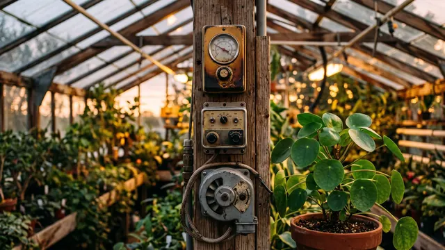 Automation company — a thermostat, a vent motor and an irrigation timer mounted on one timber post — Caleb Schallert.