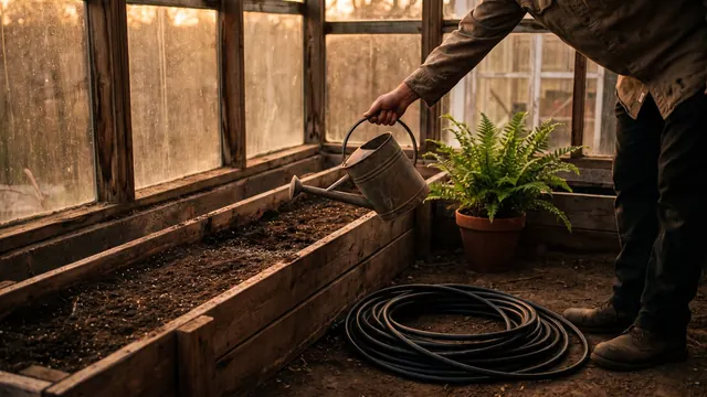 Automation company — a hand watering a long row with a can while a drip line lies coiled and unused — Caleb Schallert.