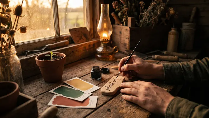 Brand Identity Services – Branding Services – Caleb Schallert Brand identity services (identity and voice) — a wooden plant marker being lettered by hand with a brush, ink and colour swatches beside a seedling — Caleb Schallert.