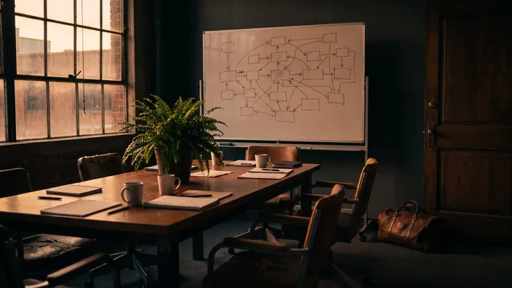 Business consulting services — a conference room at dusk with chairs pulled out, a whiteboard process map, a fern on the table and a travel bag by the door — Caleb Schallert.