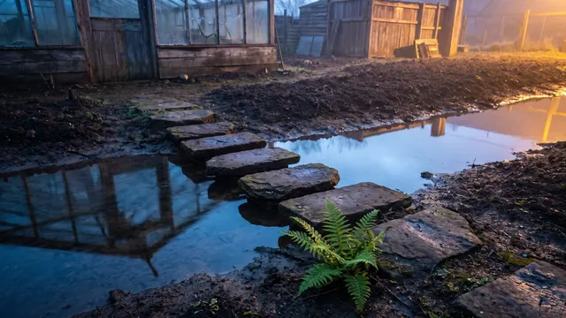 Business consulting services — eight stepping stones crossing a shallow channel toward a warmly lit far bank at blue hour — Caleb Schallert.