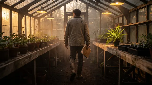 Business consulting services — Caleb walking down a working greenhouse aisle at dusk with a notebook under his arm — Caleb Schallert.