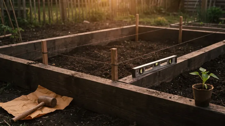 Business Formation Services – Business Setup – Caleb Schallert Business formation services — a new raised bed being squared and staked with taut string lines, a spirit level resting on the frame — Caleb Schallert.