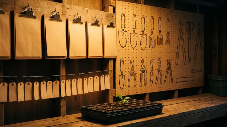 Business process automation services — a potting shed wall with clipboards on hooks, tags on a wire and every tool in its outlined place — Caleb Schallert.