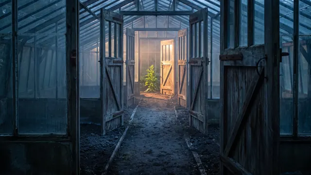 Business process automation services — seven garden gates opening progressively wider down one long path at blue hour — Caleb Schallert.