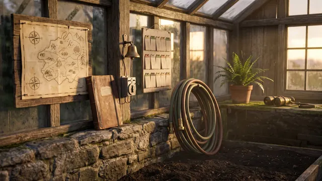 Business process automation services — six objects along a garden wall, from a hand-drawn map to a pair of brass binoculars — Caleb Schallert.