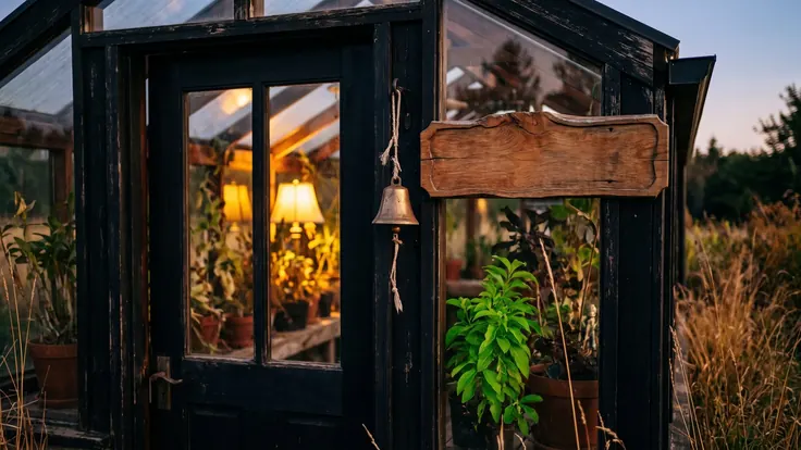 Chatbot development services — a greenhouse doorway with a brass bell on a cord and a small blank wooden sign, warm light inside — Caleb Schallert.
