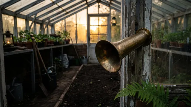 Chatbot development services — a brass speaking tube mounted on a garden post at dusk — Caleb Schallert.