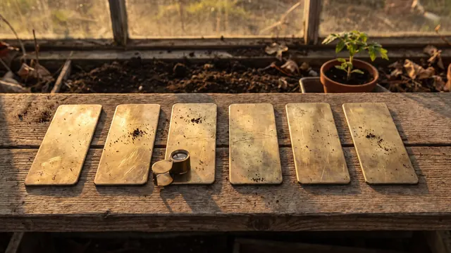 Chatbot development services — six blank brass garden markers laid in a row on a potting bench — Caleb Schallert.