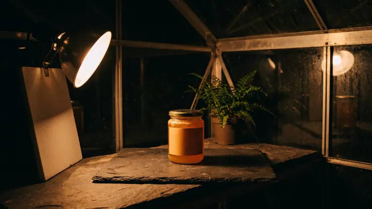 Commercial Video Production – Commercial Video – Caleb Schallert Commercial video production — a jar of honey on slate lit by one hard light and a reflector card inside a dark greenhouse — Caleb Schallert.