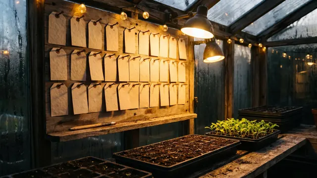 Content Marketing Services – The Editorial Calendar, And What A Month-One Report Shows – Caleb Schallert Content marketing services — a planting calendar of blank tags pinned in rows, a pencil beside it, seedlings below — Caleb Schallert.
