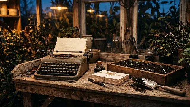 Content Marketing Services – What Content Marketing Includes – Caleb Schallert Content marketing services — a potting bench with a typewriter, index cards and a seed tray in use — Caleb Schallert.