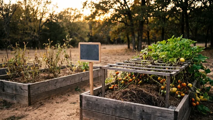 Conversion rate optimization services — two identical raised beds side by side, the one with a trellis and mulch bearing visibly more fruit — Caleb Schallert.