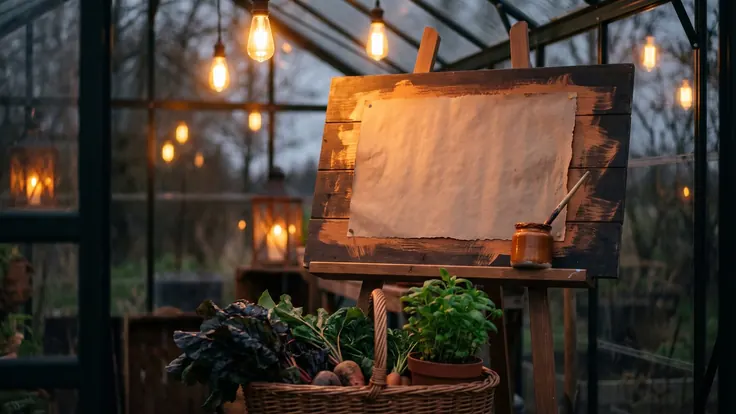 Copywriting services — a hand-painted sign board on an easel in a greenhouse, a brush and a pot of paint beside it, produce below — Caleb Schallert.
