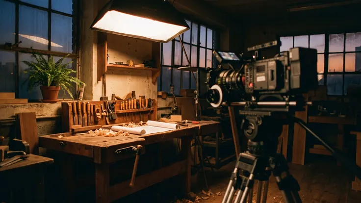 Corporate video production — a cinema camera on a tripod filming a craftsman's workbench lit by one softbox in a workshop at dusk — Caleb Schallert.