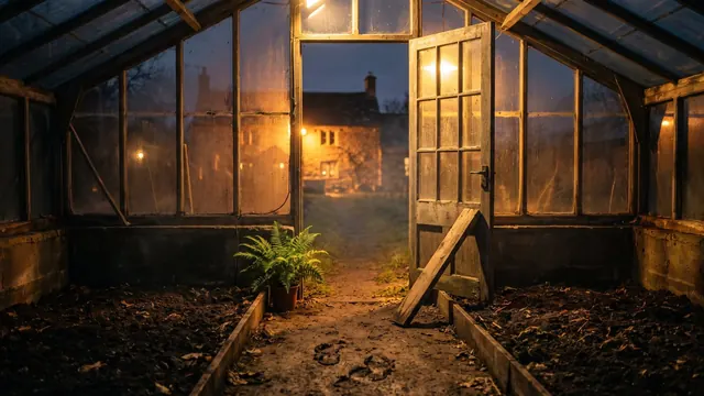 Corporate video production — a greenhouse door propped open onto a path toward a distant lit building — Caleb Schallert.