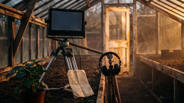 Corporate video production — a tripod monitor, headphones, and a folded call sheet — Caleb Schallert.