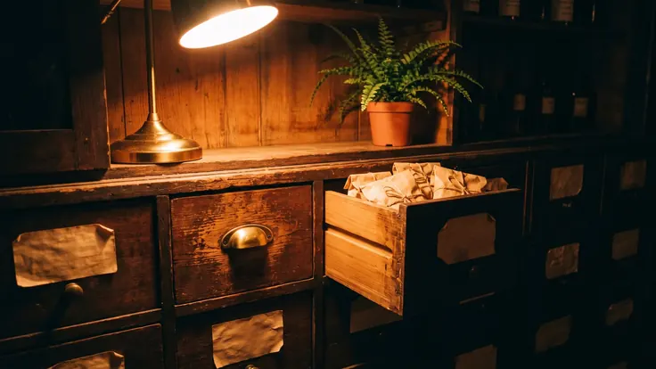 Custom CRM Development – Custom CRM – Caleb Schallert Custom CRM development — a wall of small wooden seed drawers in an apothecary cabinet, one drawer open showing seed packets — Caleb Schallert.