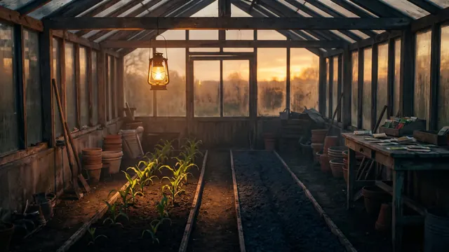 Digital marketing agency Iowa — one lit garden row beside two unlit ones, its soil like Iowa's own corn rows at golden hour — Caleb Schallert.