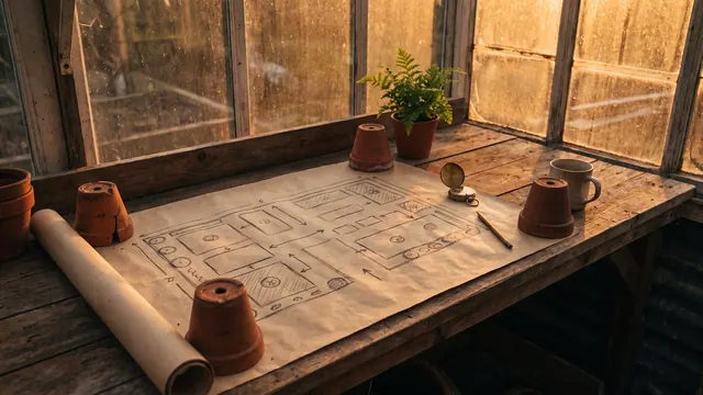 What is digital marketing — a hand-drawn garden plan unrolled on a greenhouse bench, the sequence set before anything gets planted — Caleb Schallert.