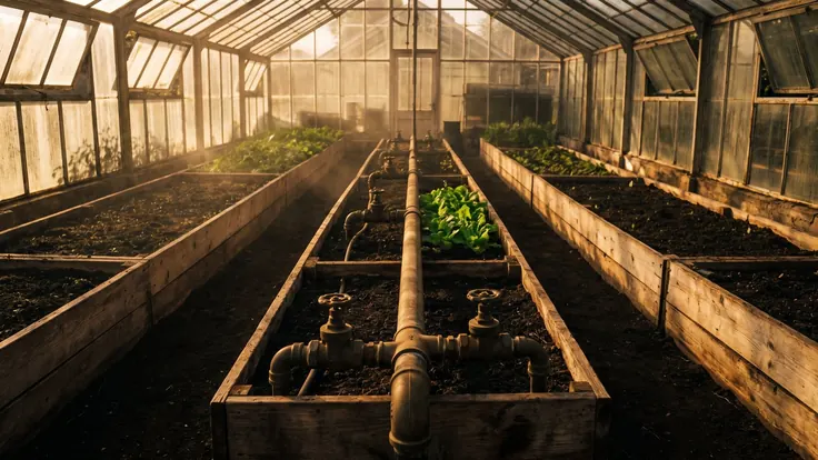 Digital Marketing Services – Digital Marketing Agency – Caleb Schallert Digital marketing services — five greenhouse beds each with a different crop, all fed by one brass irrigation line down the center aisle — Caleb Schallert.