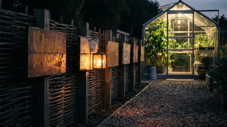 Display Advertising Services – Programmatic Advertising – Caleb Schallert Display advertising services — a row of blank wooden boards on posts along a garden fence at dusk, one lit by a lantern, the path leading to a greenhouse — Caleb Schallert.