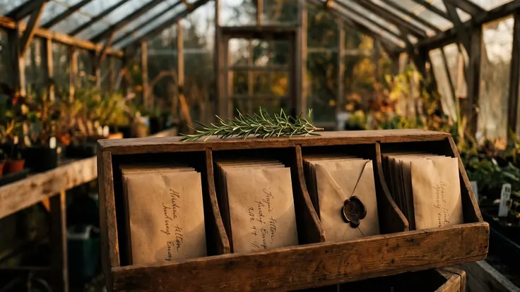 Email marketing services — a wooden sorter box of hand-addressed seed envelopes with a wax seal and a fresh sprig laid across it — Caleb Schallert.
