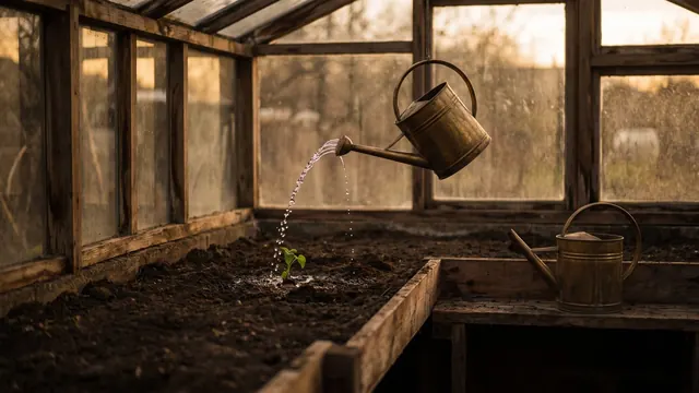Email marketing services — a watering can paused mid-pour above one seedling — Caleb Schallert.