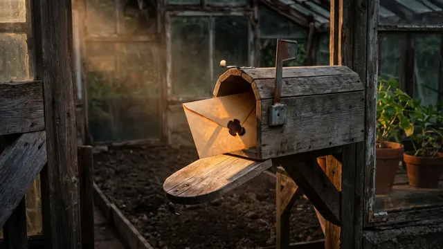 Email marketing services — a garden gatepost mailbox with the flag up and a sealed envelope half out — Caleb Schallert.