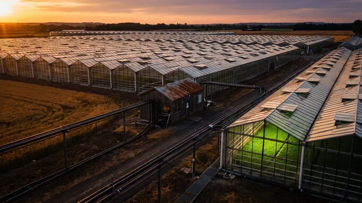 Enterprise SEO Services – Enterprise SEO Agency – Caleb Schallert Enterprise SEO services — a very large commercial greenhouse from above, many bays fed by irrigation mains from one central control shed — Caleb Schallert.