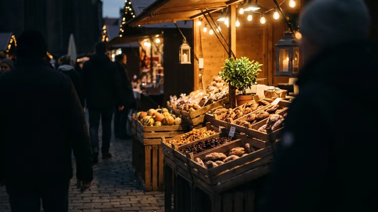 Facebook ads management services — a market stall at dusk with produce arranged to stop passers-by under warm string lights — Caleb Schallert.